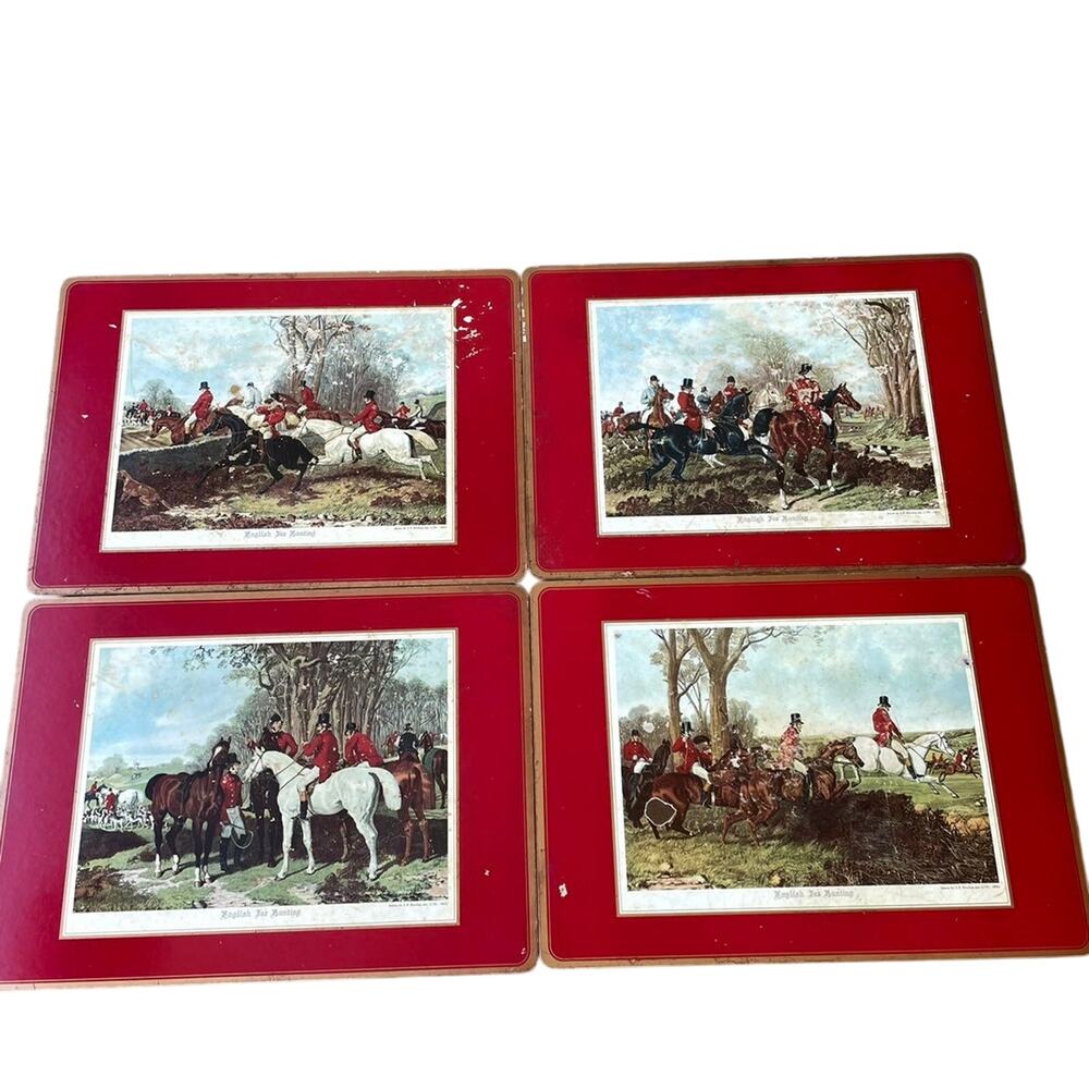 Pimpernel English Fox Hunting Cork Backed Placemats Red Gold Tally Ho FLAWED